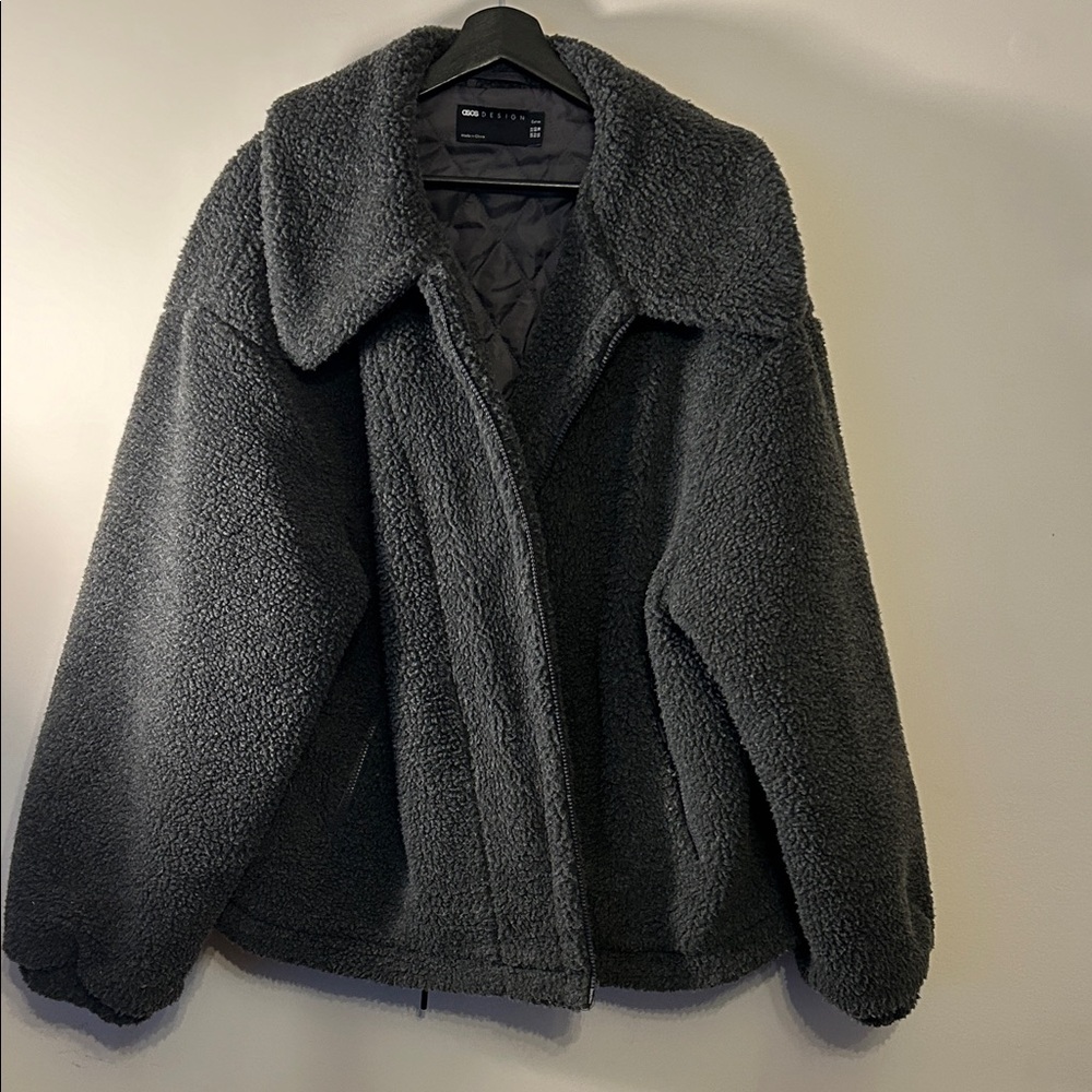 ASOS DESIGN Curve borg jacket with collar detail in charcoal